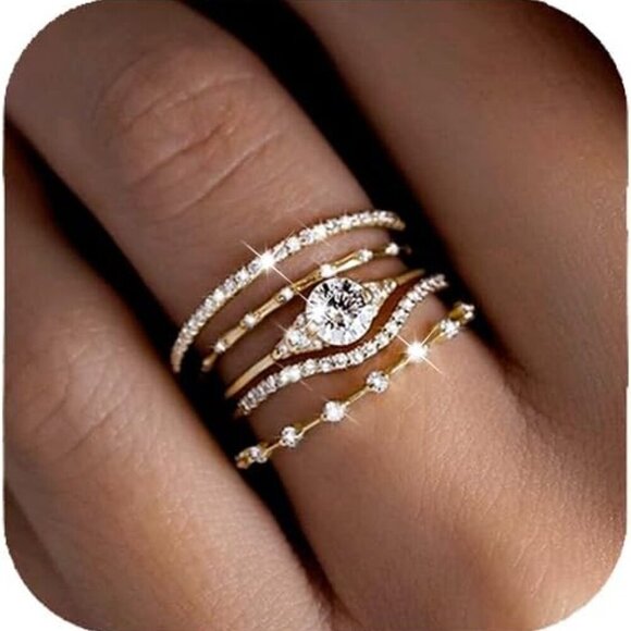 Jewelry - Gold Rings for Women Non Tarnish, Dainty 14K Gold Plated Stackable Cubic Zirconi